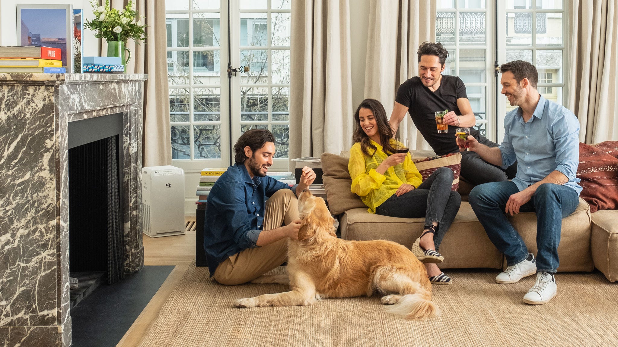 Luchtreiniger vermindert dierlijke huidschilfers in een woonkamer met een hond
