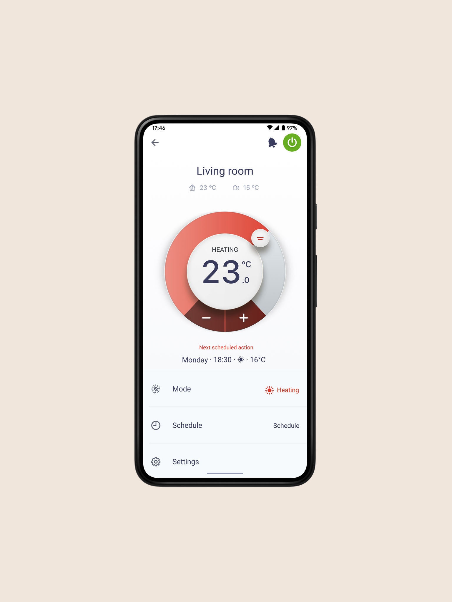 Vooraanzicht van een smartphone met de Daikin Onecta app geopend