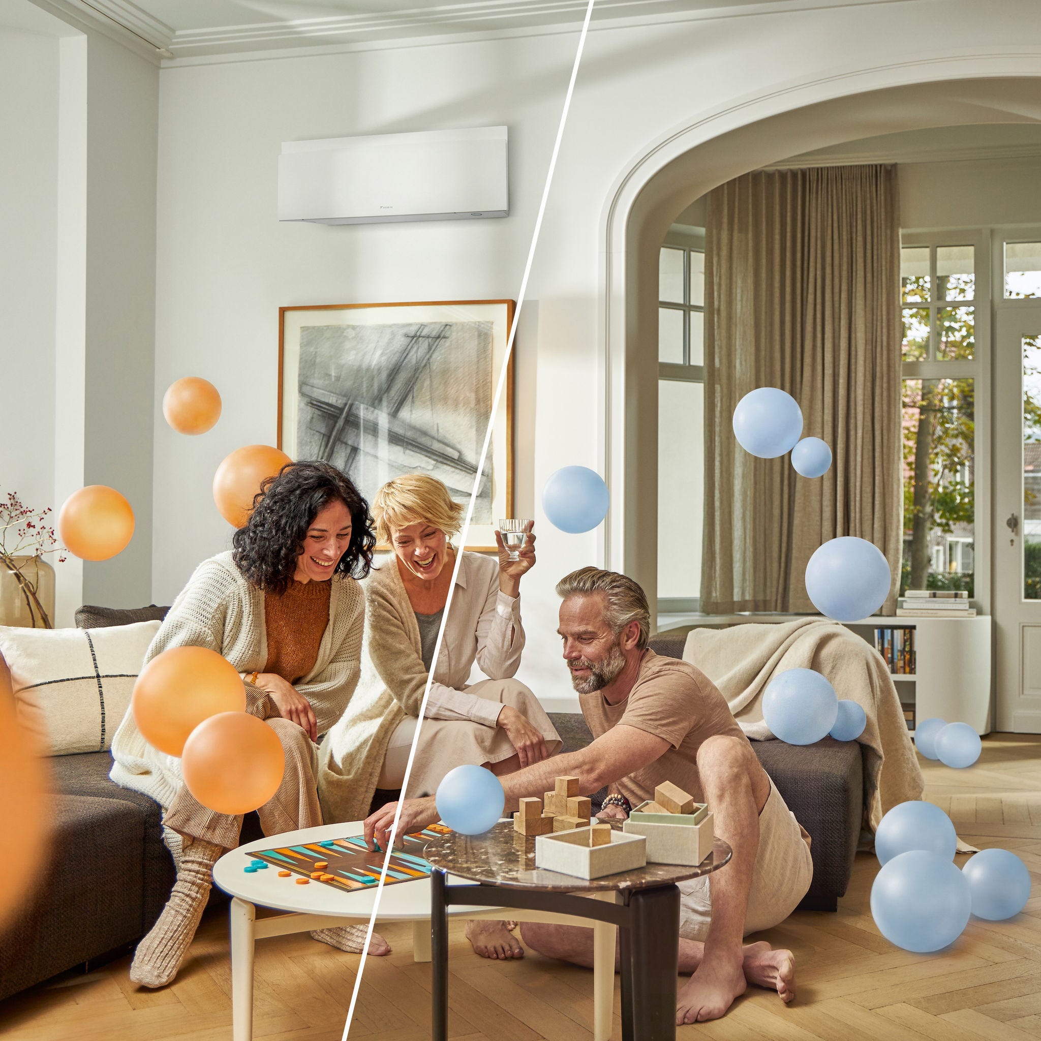 Een wandmodel airconditioner in een moderne woonkamer waar mensen genieten van een aangenaam binnenklimaat; een voorbeeld van energiezuinige verwarming in de winter en koeling in de zomer
