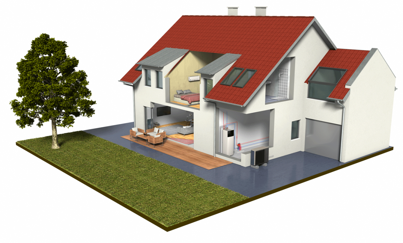 Een illustratie van een huis met drie Daikin-binnenunits en een buitenunit